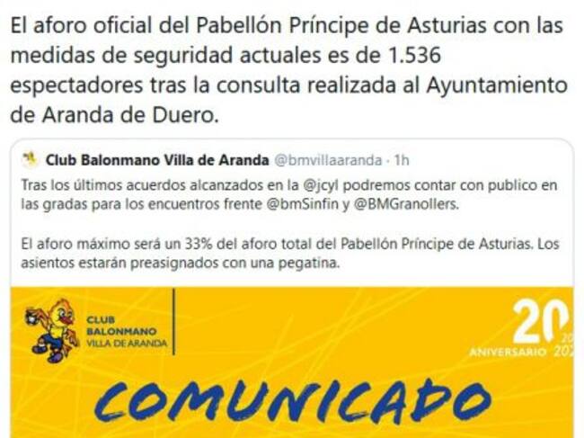 El comunicado del Villa de Aranda a través de twitter.