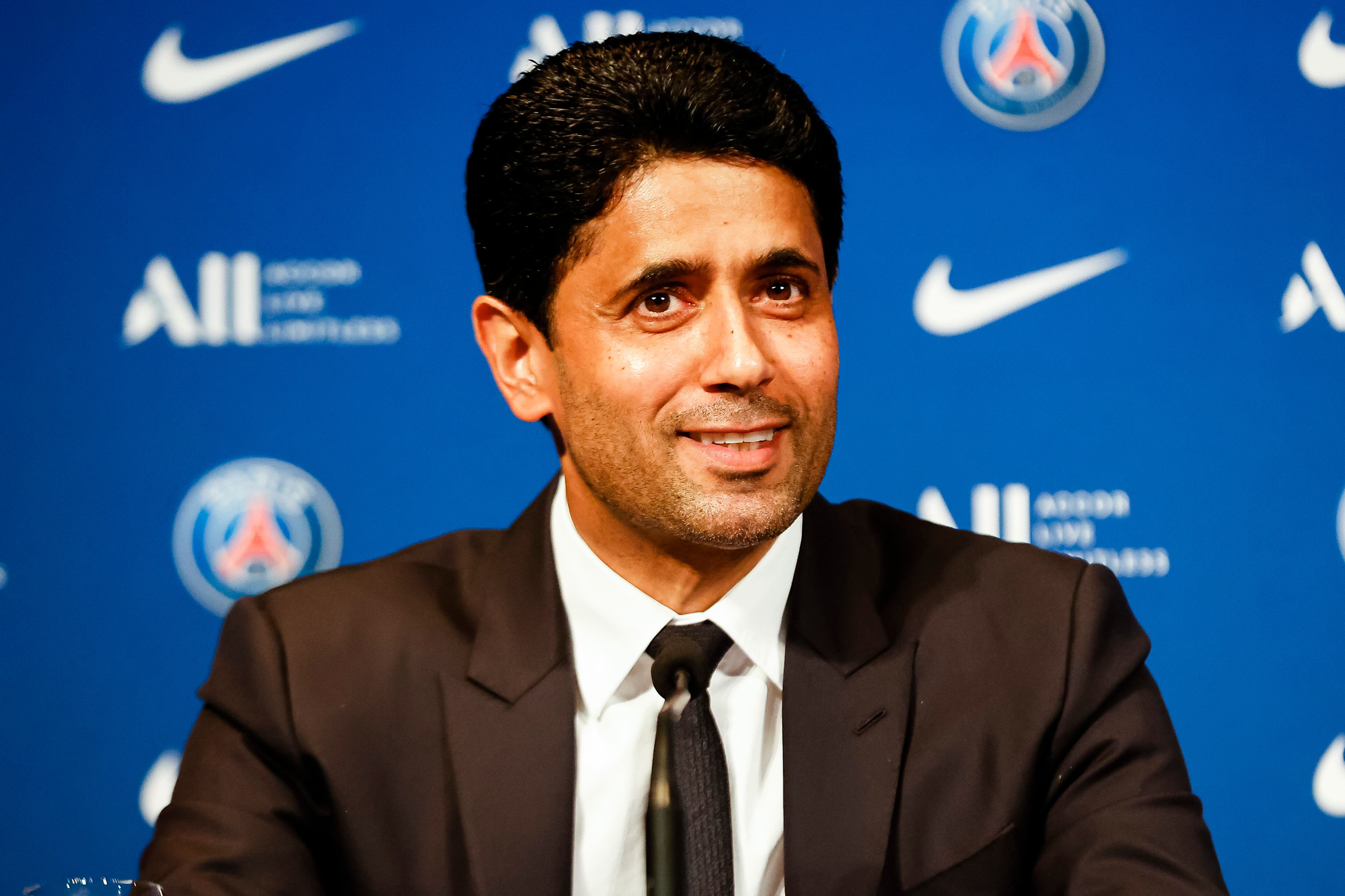 Nasser Al-Khelaifi, presidente del PSG, durante la rueda de prensa de la renovación de Kylian Mbappé