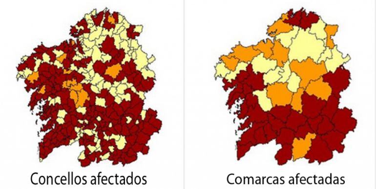 Mapas de concentración de radón por comarcas y concellos afectados por el radón