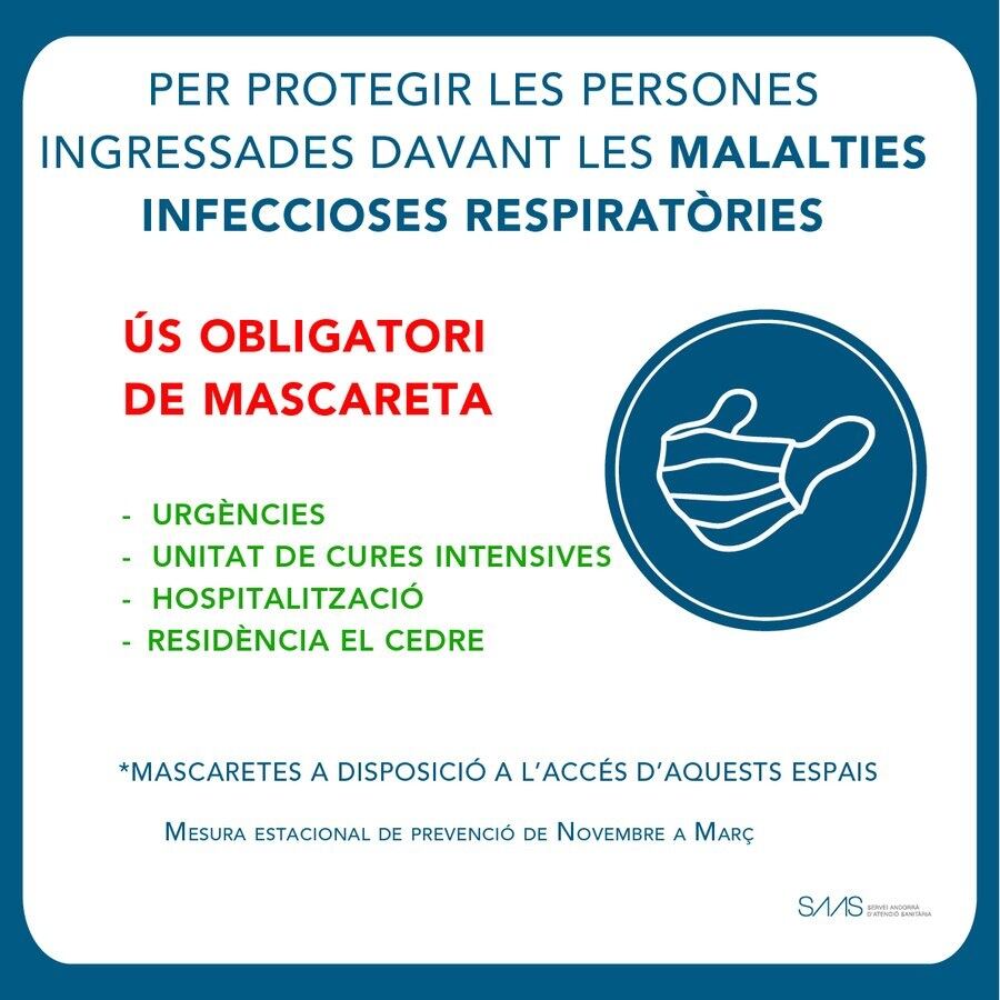 Cartell d'ús obligatori de la mascareta a l'hospital d'Andorra