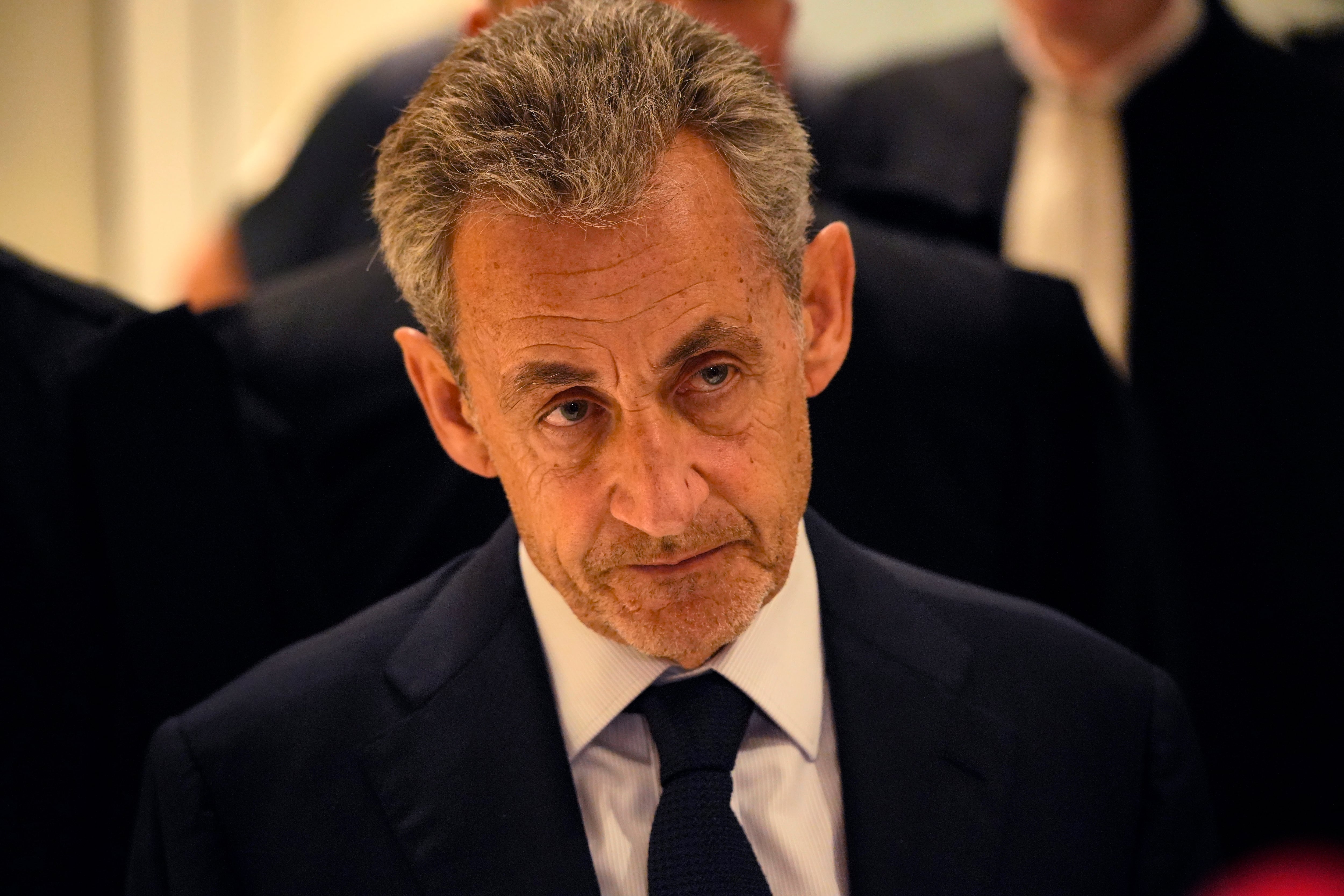 PARIS, FRANCE - SEPTEMBER 25: Former French president Nicolas Sarkozy addresses the press after he was found guitly on September 25, 2025 in Paris, France. Former French president Sarkozy is charged with making  a deal with Libyan dictator Muammar Gaddafi to finance his 2007 presidential election campaign. The trial, which was held from January 6 to April 8, 2025, pitted the former president and 11 co-defendants against serious charges of corruption, concealment of embezzlement of Libyan public funds, illegal campaign financing and association of criminals. (Photo by Remon Haazen/Getty Images)