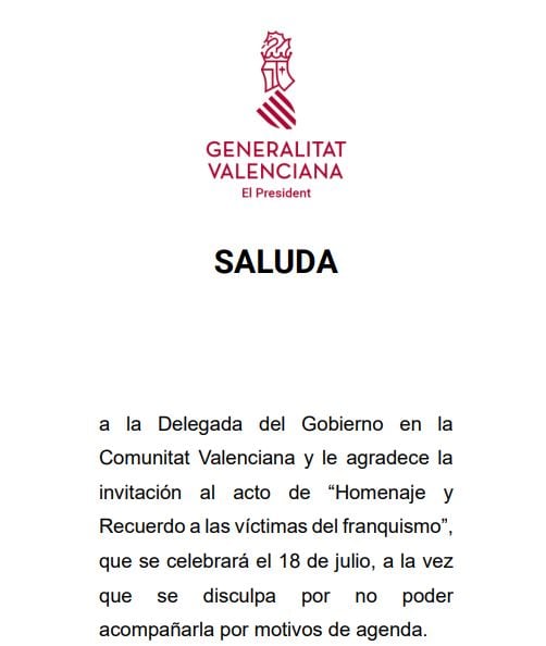 Carta del president de la Generalitat, Carlos Mazón, en la que anuncia que no asistirá al acto &quot;Homenaje y Recuerdo a las víctimas del franquismo&quot; del Ministerio de Política Territorial.