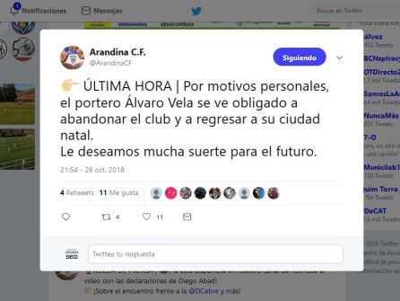 Pantallazo sobre la baja del portero en el twitter del club.