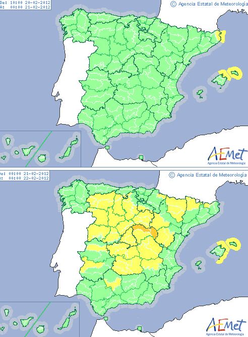 Mapa de Aemet con las alertas meteorológicas del lunes 20 de febrero (arriba) y el martes 21 de febrero