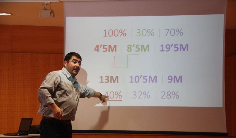 El president de la Plataforma d'Afectats per la Cooperativa Agrícola de Cambrils, Dani Pallejà, mostra a la pantalla les xifres dels estalvis retinguts.