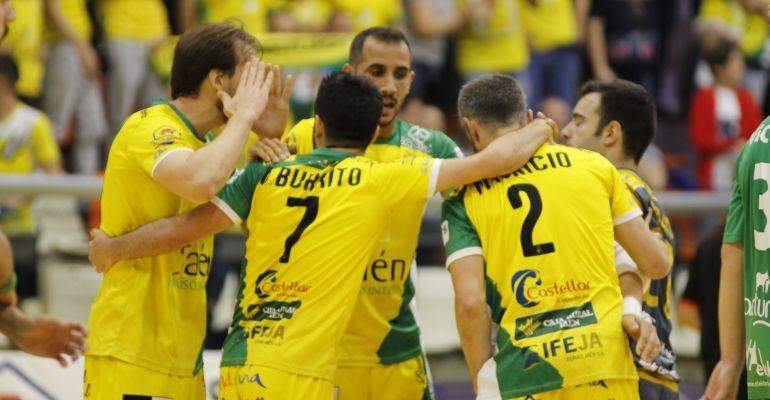 Los jugadores del Jaén Paraíso Interior FS celebran uno de los goles ante Osasuna Magna.