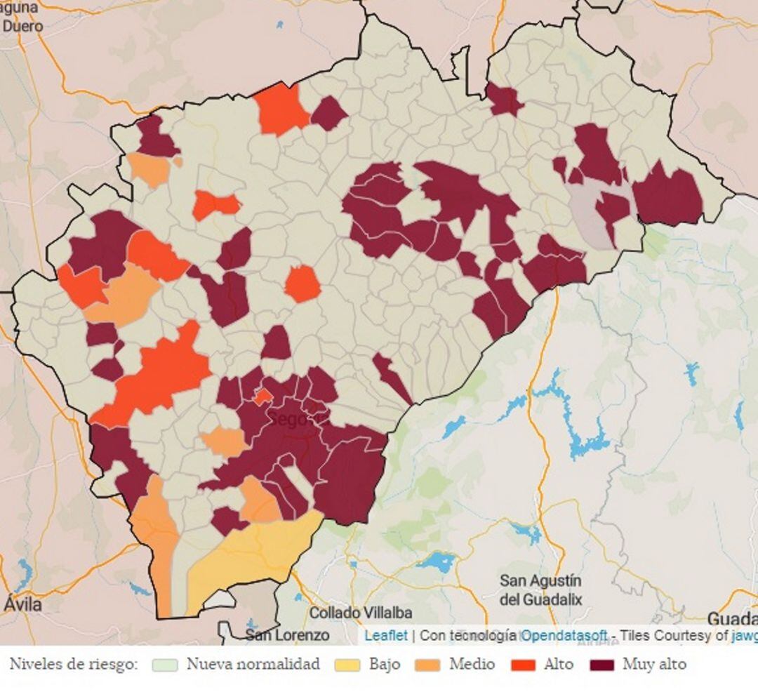 Mapa de incidencia de contagios por Covid 19 en la provincia de Segovia