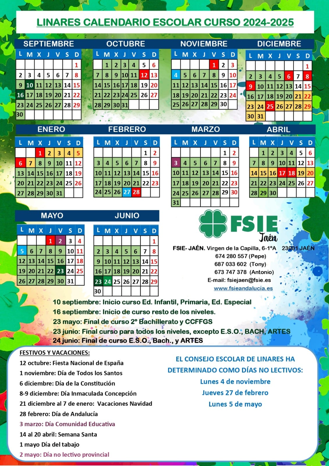 Calendario escolar de Linares curso 2024/2025