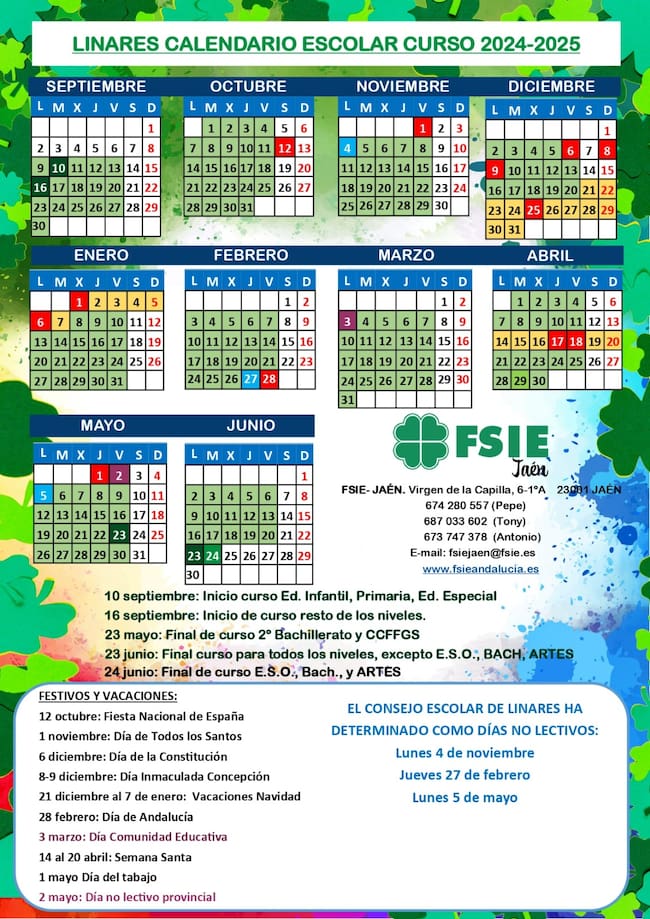 Calendario escolar de Linares curso 2024/2025