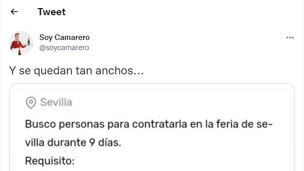 El tuit con la oferta de empleo que ha indignado a miles de personas.