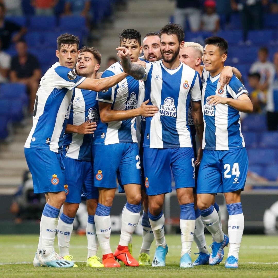 El Espanyol celebrando un gol en la ida de la fase previa de la Europa League