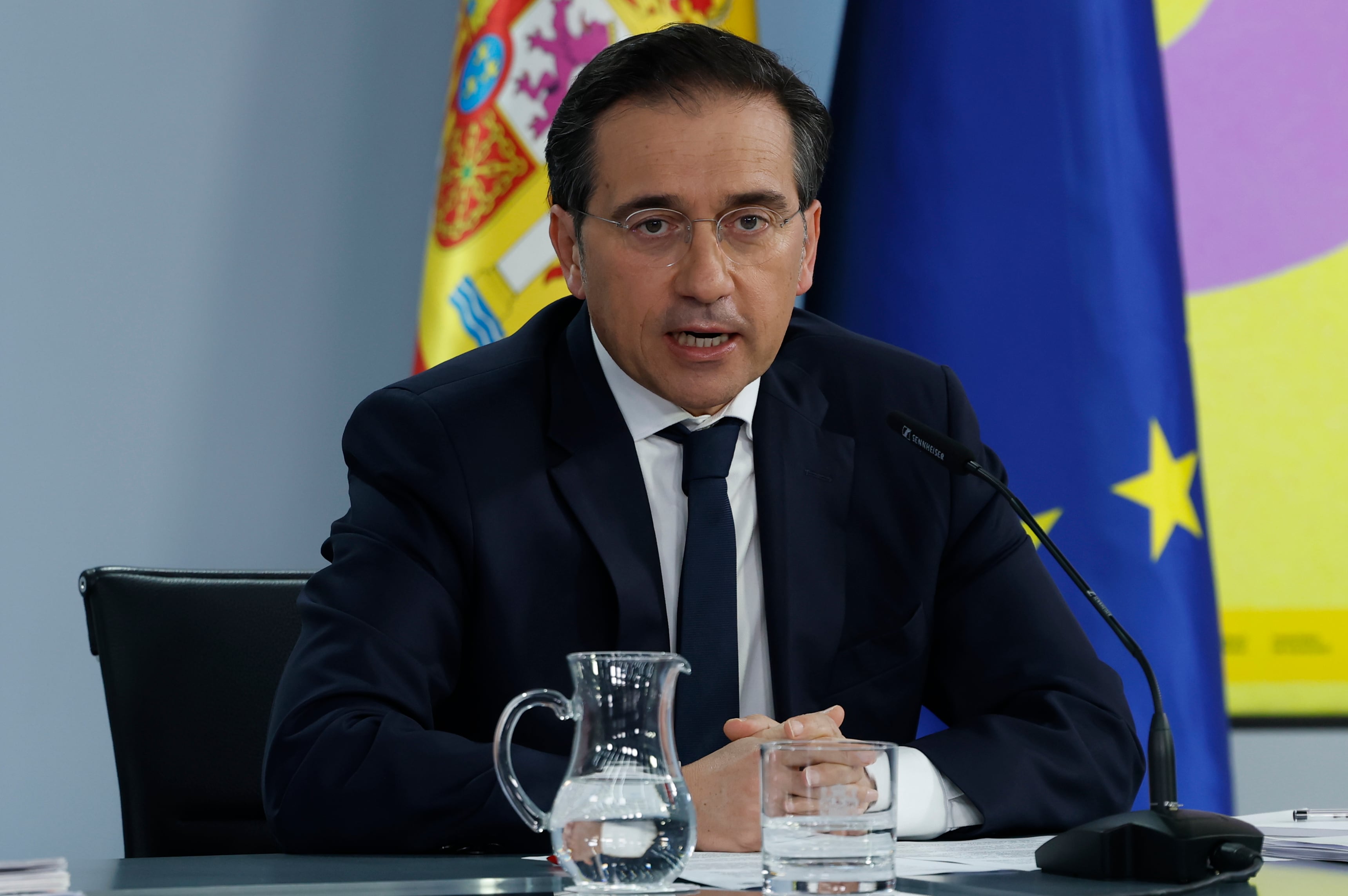 MADRID, 03/03/2026.- El ministro de Asuntos Exteriores, Unión Europea y Cooperación, José Manuel Albares, este martes durante la rueda de prensa tras el Consejo de Ministros.-EFE/ J.J. Guillén