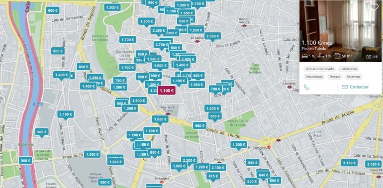 Mapa de un barrio de Madrid con los pisos disponibles en alquiler