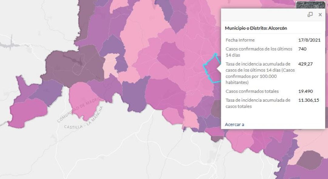 Mapa COVID-19 de municipios del suroeste madrileño