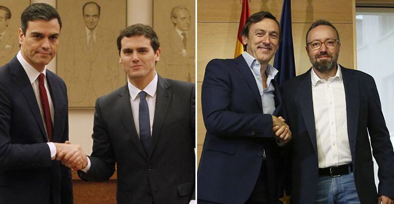 A la izquierda, apretón de manos tras el acuerdo entre PSOE y Rivera; a la derecha, la firma del acuerdo entre PP y Ciudadanos.