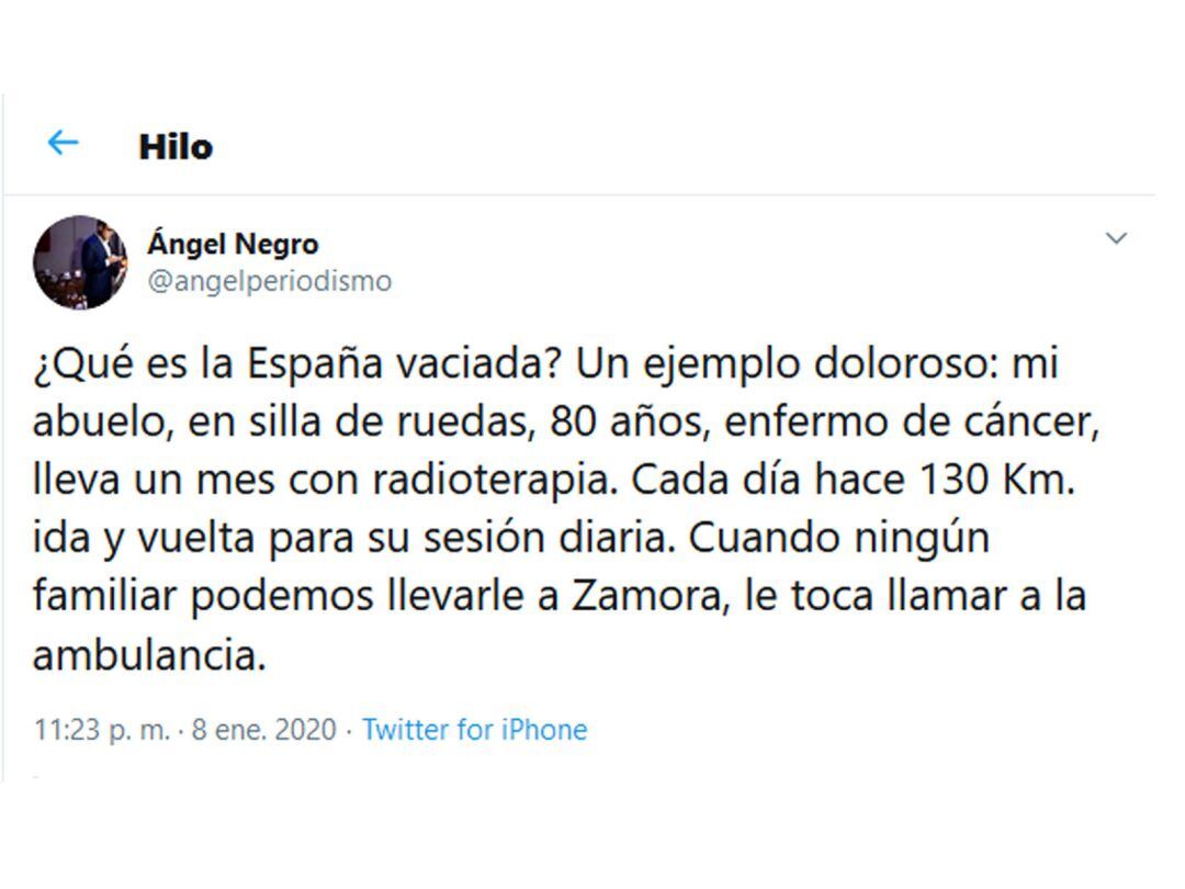 Captura del twitt del periodista zamorano Ángel Negro en el que denuciaba la situación de la sanidad en la provincia