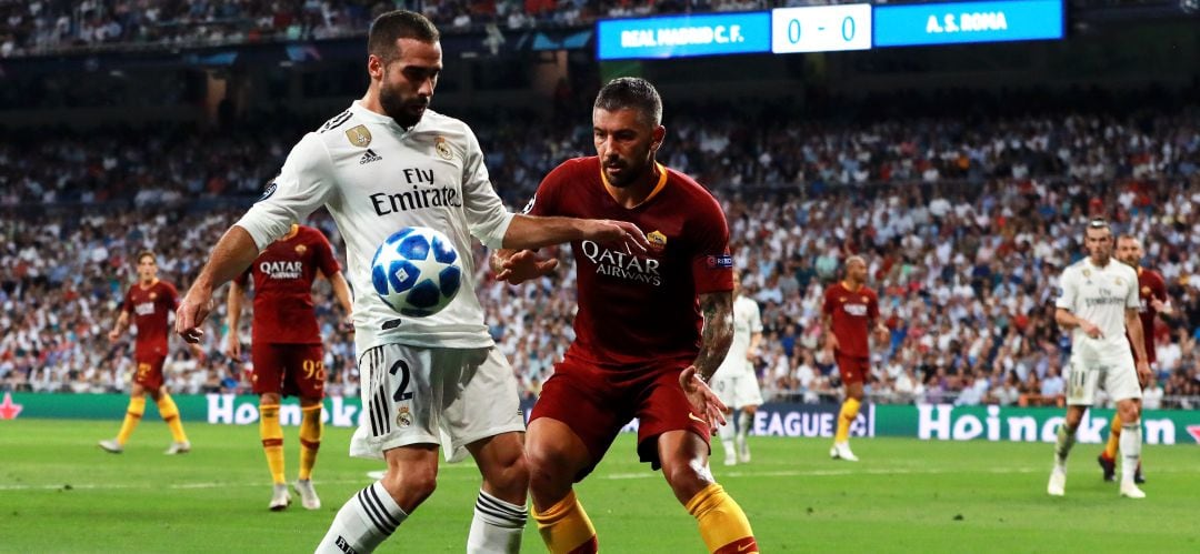 Carvajal, durante un partido de Champions ante la AS Roma