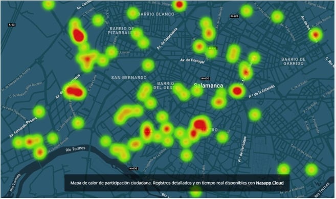 Mapa de olores, de participación ciudadana, registrado en la aplicación Nassap/Cadena SER