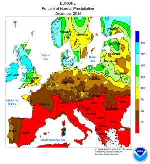 Anomalía de precipitación en Europa en diciembre de 2015.