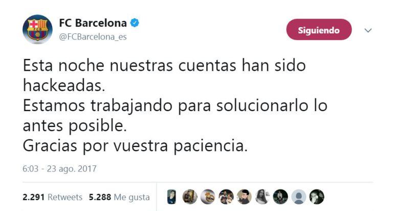 El tuit del Barça dando explicaciones por el hackeo sufrido.