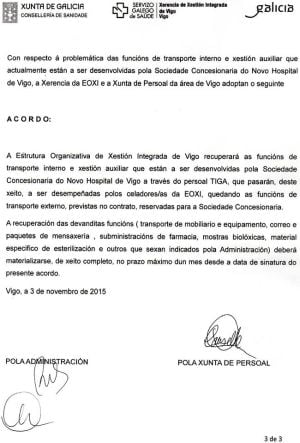 Acuerdo alcanzado entre la Junta de Personal del Hospital Álvaro Cunqueiro de Vigo y el SERGAS