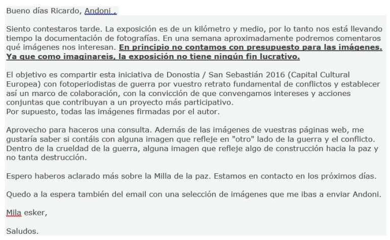 Extracto de uno de los emails que K6 Gestión Cultural remitió al fotógrafo Andoni Lubaki.