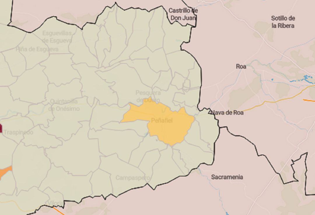 El mapa de la comarca del Campo de Peñafiel donde se advierte el riesgo bajo de Peñafiel, según el Servicio de Epidemiología de la Junta.