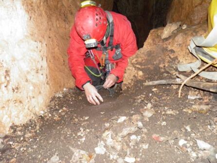 Un miembro del Grupo de Espeleología de Villacarrillo, recolectando muestras para enviar al laboratorio