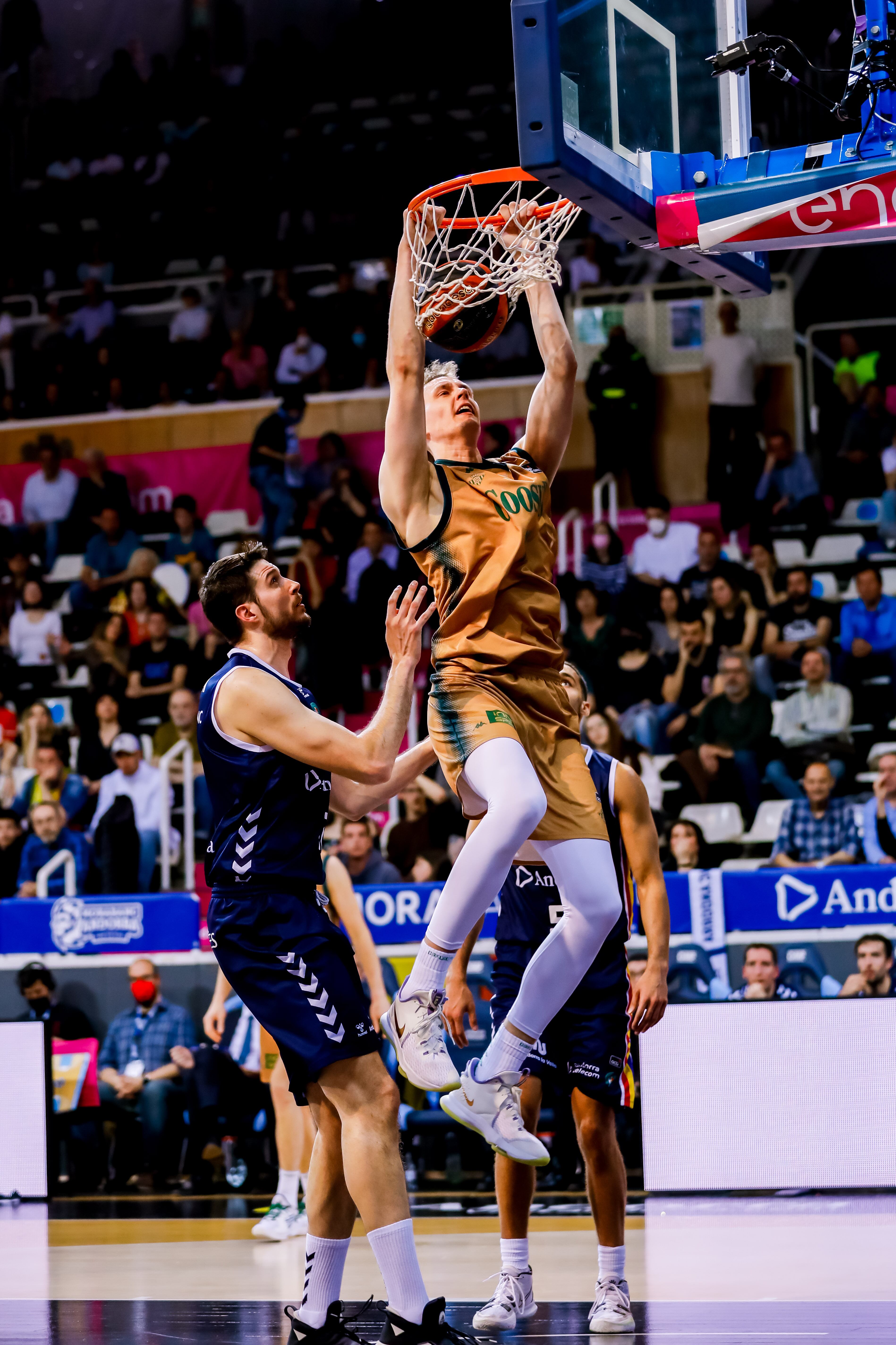Víctor Arteaga mira com un jugador del Betis fa una cistella.