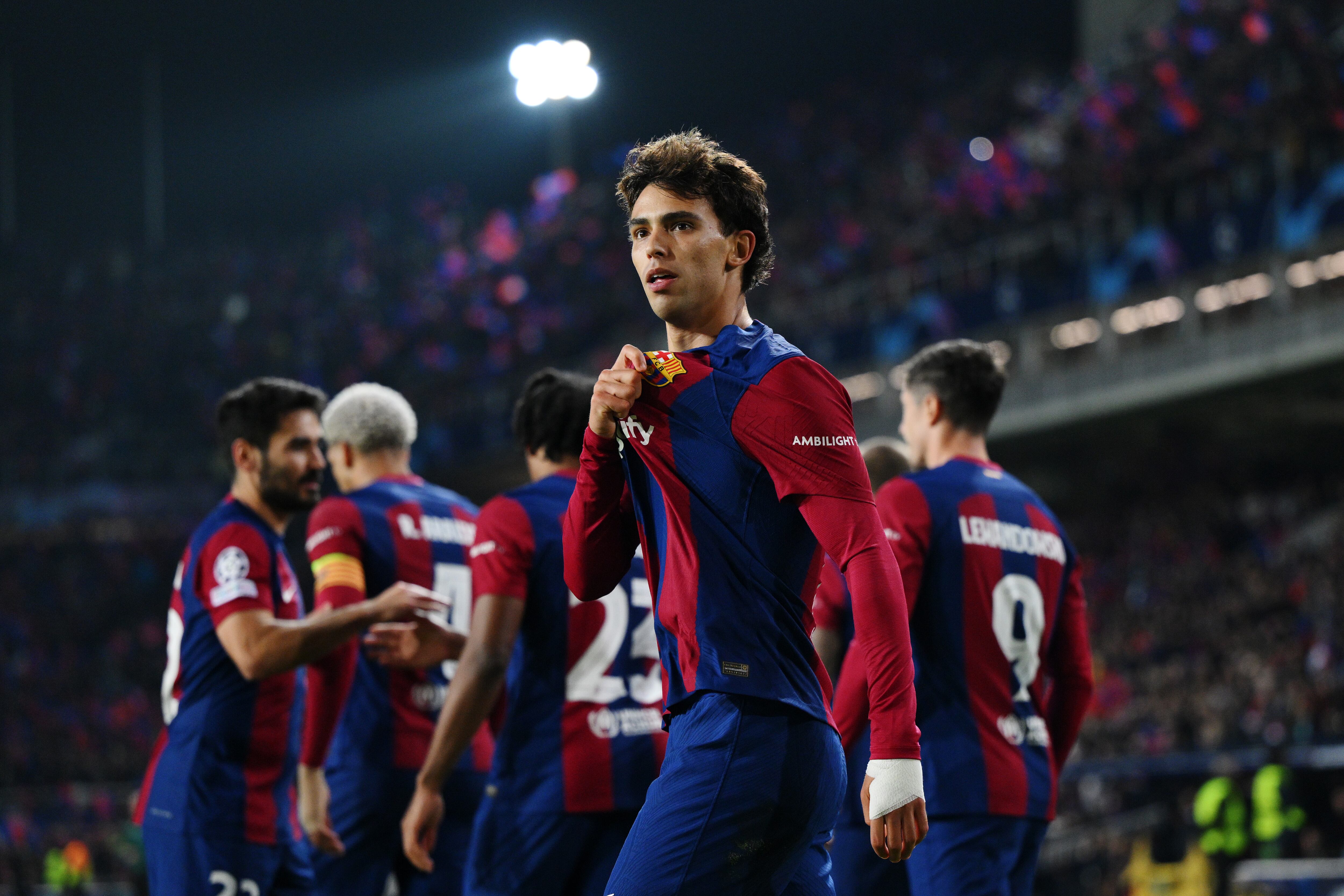 BARCELONA, SPAIN - NOVEMBER 28: Joao Felix of FC Barcelona celebrates after scoring the team&#039;s second goal during the UEFA Champions League match between FC Barcelona and FC Porto at Estadi Olimpic Lluis Companys on November 28, 2023 in Barcelona, Spain. (Photo by David Ramos/Getty Images)