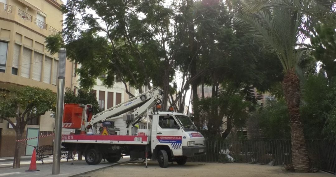 Operarios municipales instalando las luces hoy