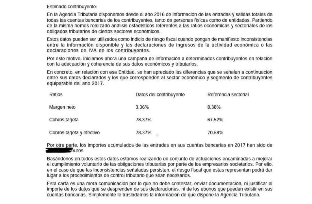 Ejemplo de las cartas de advertencia de la Agencia Tributaria.