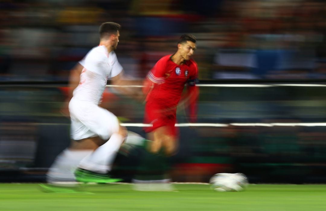 Cristiano, en la semifinal de la Liga de Naciones entre Portugal y Suiza, en la que hizo tres goles.