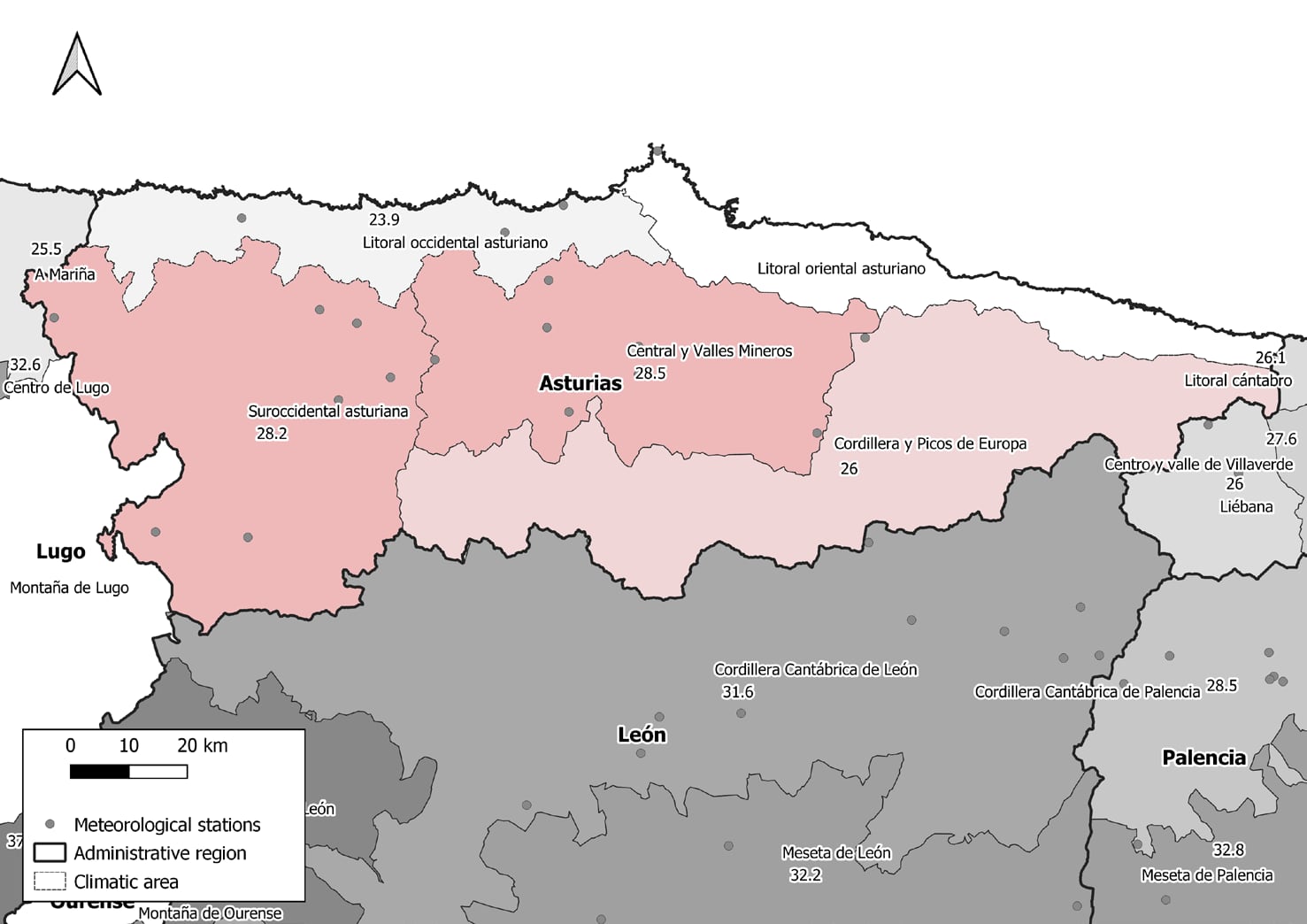 Mapa de temperaturas a las que se disparan las muertes por calor dentro de Asturias. Instituto de salud carlos III