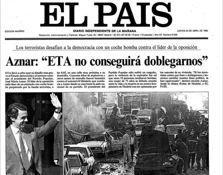 Portada del diario &#039;El País&#039; el días después del intento de asesinato de Aznar