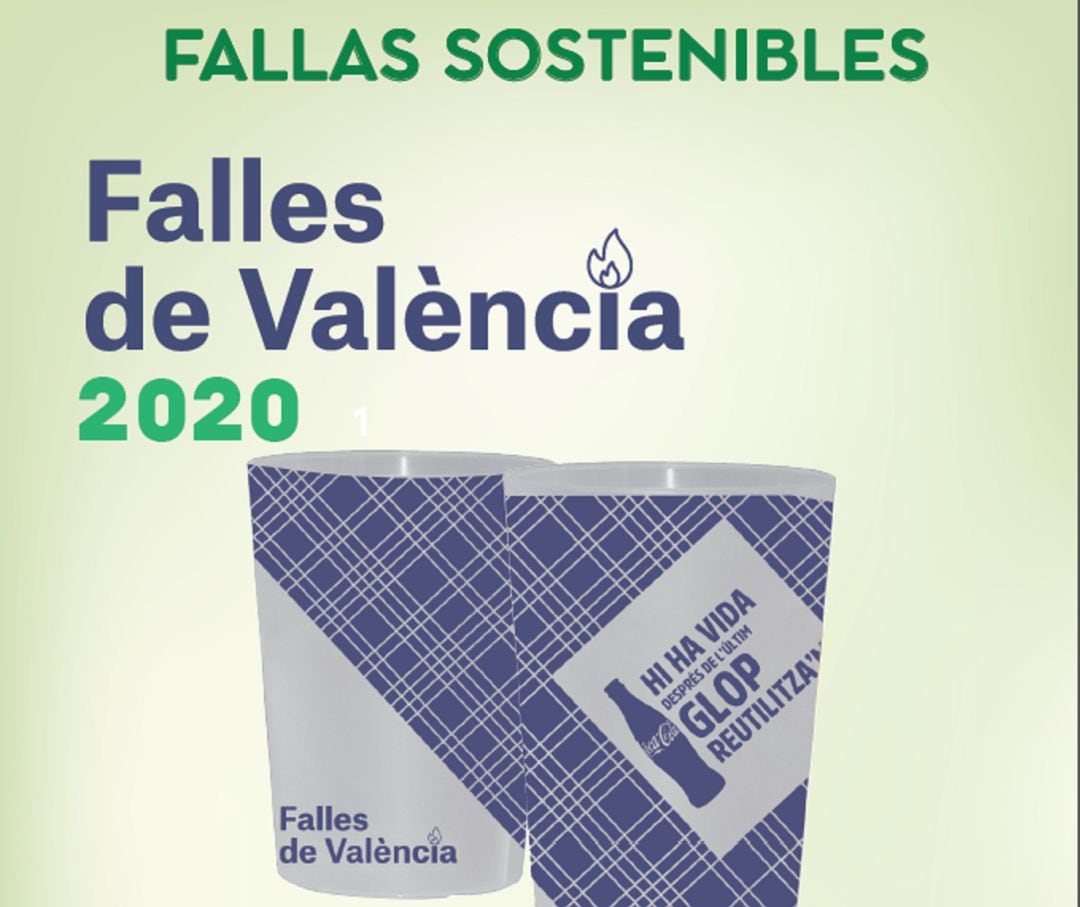 Cartel de vasos ecológicos y sostenibles para las Fallas 2020