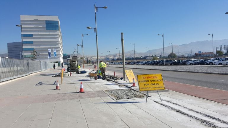 Obras en una calle de Granada, en el PTS