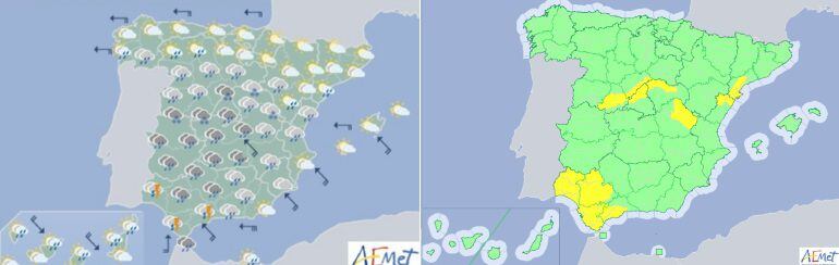 El sábado predominan las lluvias y hay alertas por riesgo de nevadas en las montañas de Ávila, Madrid, Guadalajara, Segovia y Cuenca; la alerta es por lluvias en Tarragona, Castellón, Huelva, Sevilla, Cádiz y Andalucía.