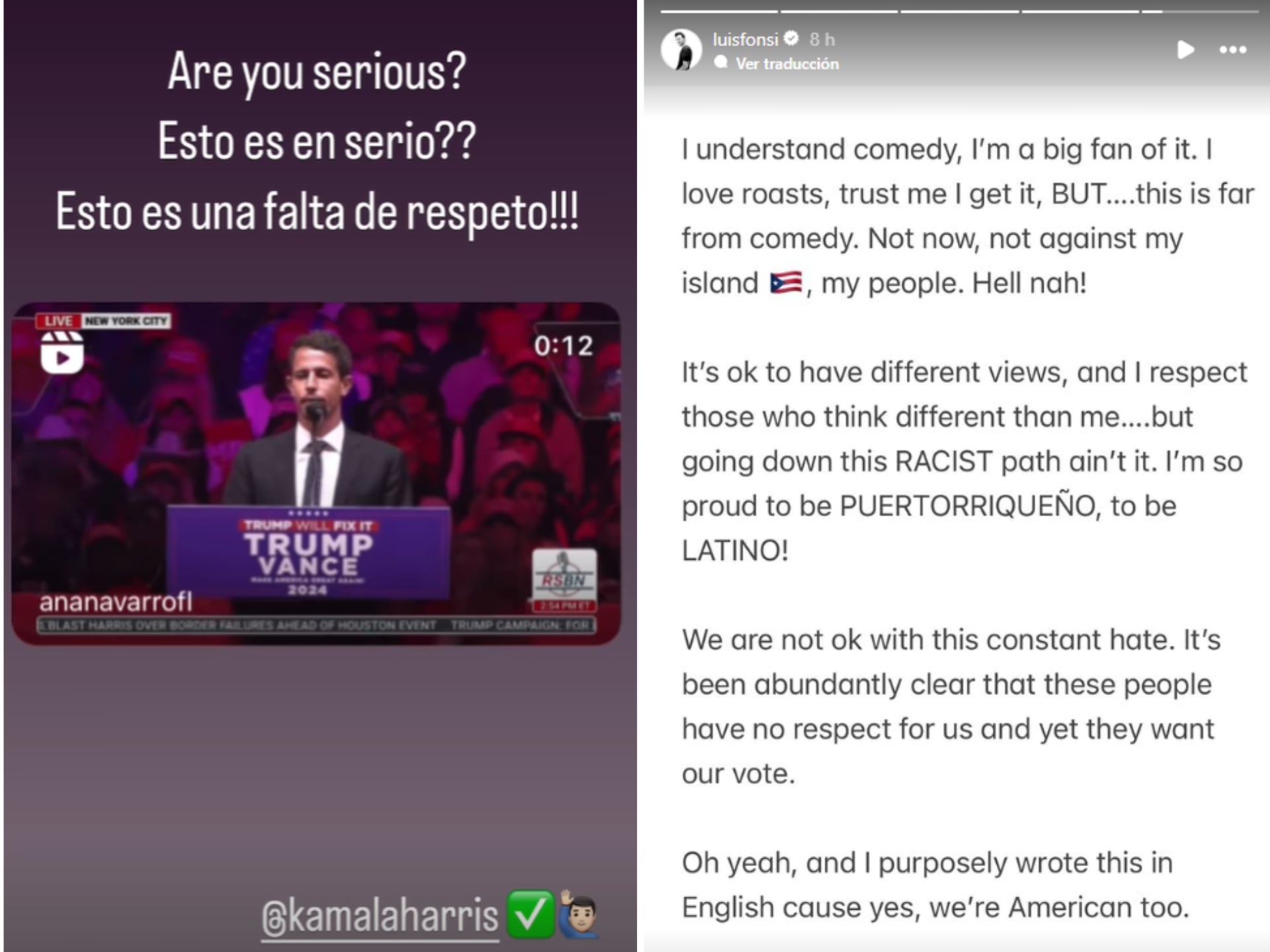 Luis Fonsi expresa su indignación sobre las palabras de Hinchcliffe y muestra su apoyo a la candidatura de Kamala Harris.