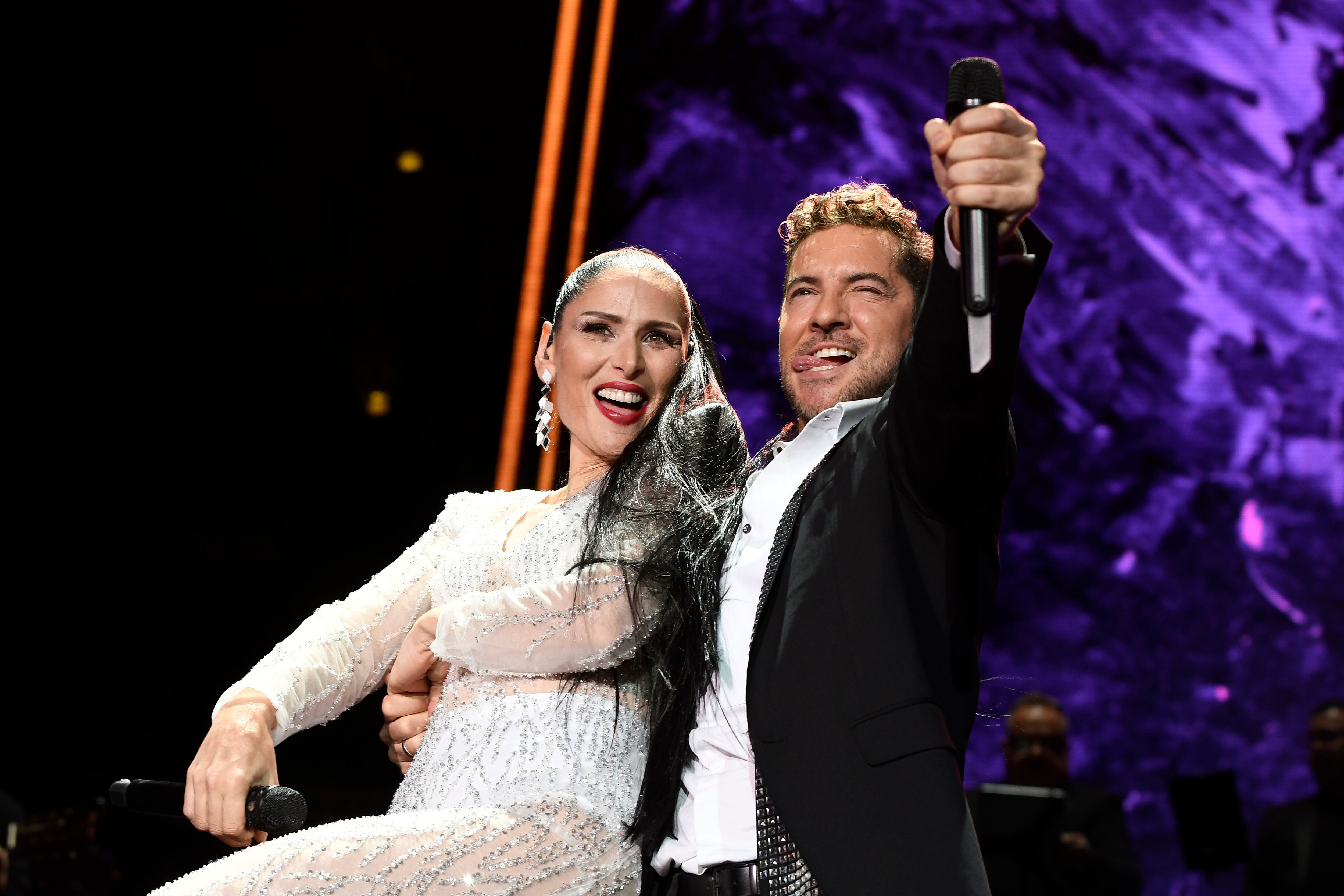 ALMERÍA, 20/11/2022.- El cantante David Bisbal junto a Rosa López durante su actuación celebrada esta noche en el Power Horse Stadium de Almería para conmemorar sus 20 años de carrera musical. EFE/ Carlos Barba
