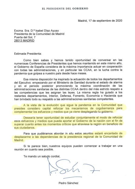 Carta enviada por Sánchez a Ayuso.