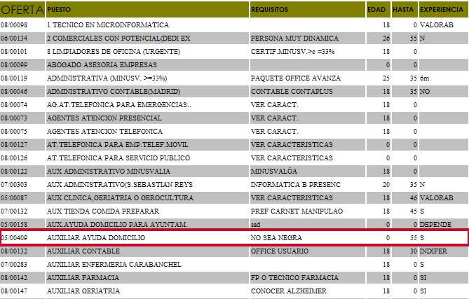 Se busca un auxiliar de ayuda a domicilio. El único requisito, que tenga entre 0 y 55 años y que &quot;no sea negra&quot;.