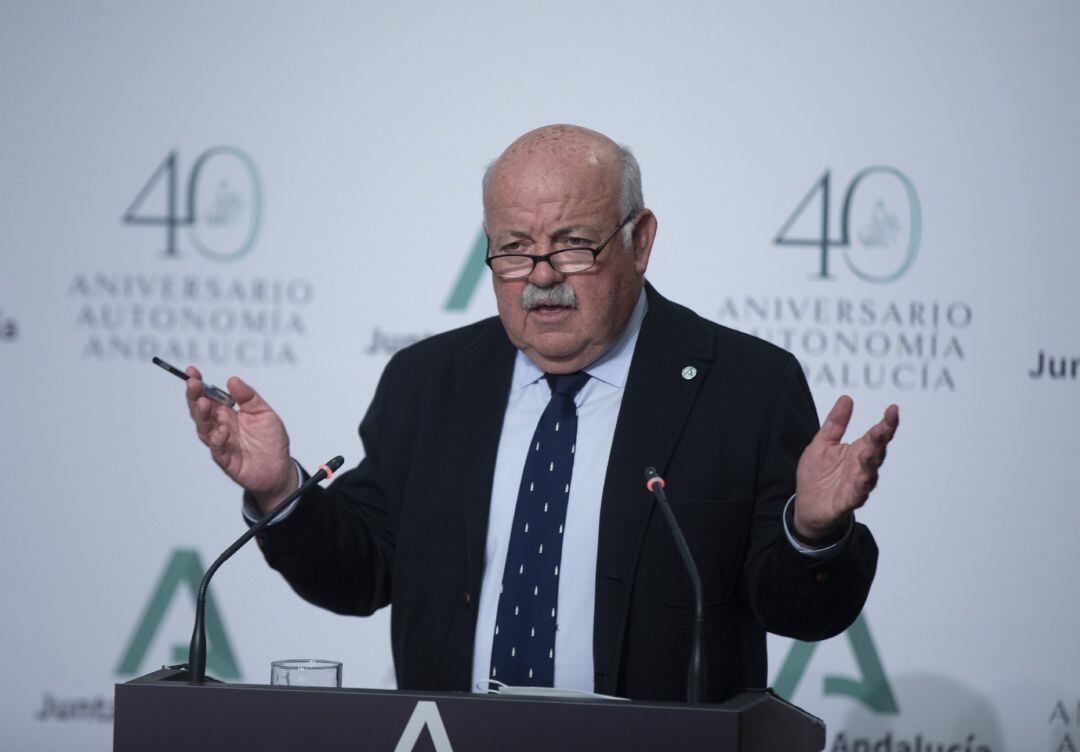 El consejero de Salud y Familias, Jesús Aguirre, durante la rueda de prensa posterior al Consejo de Gobierno de la Junta de Andalucía. En Sevilla (Andalucía, España), a 06 marzo de 2021.