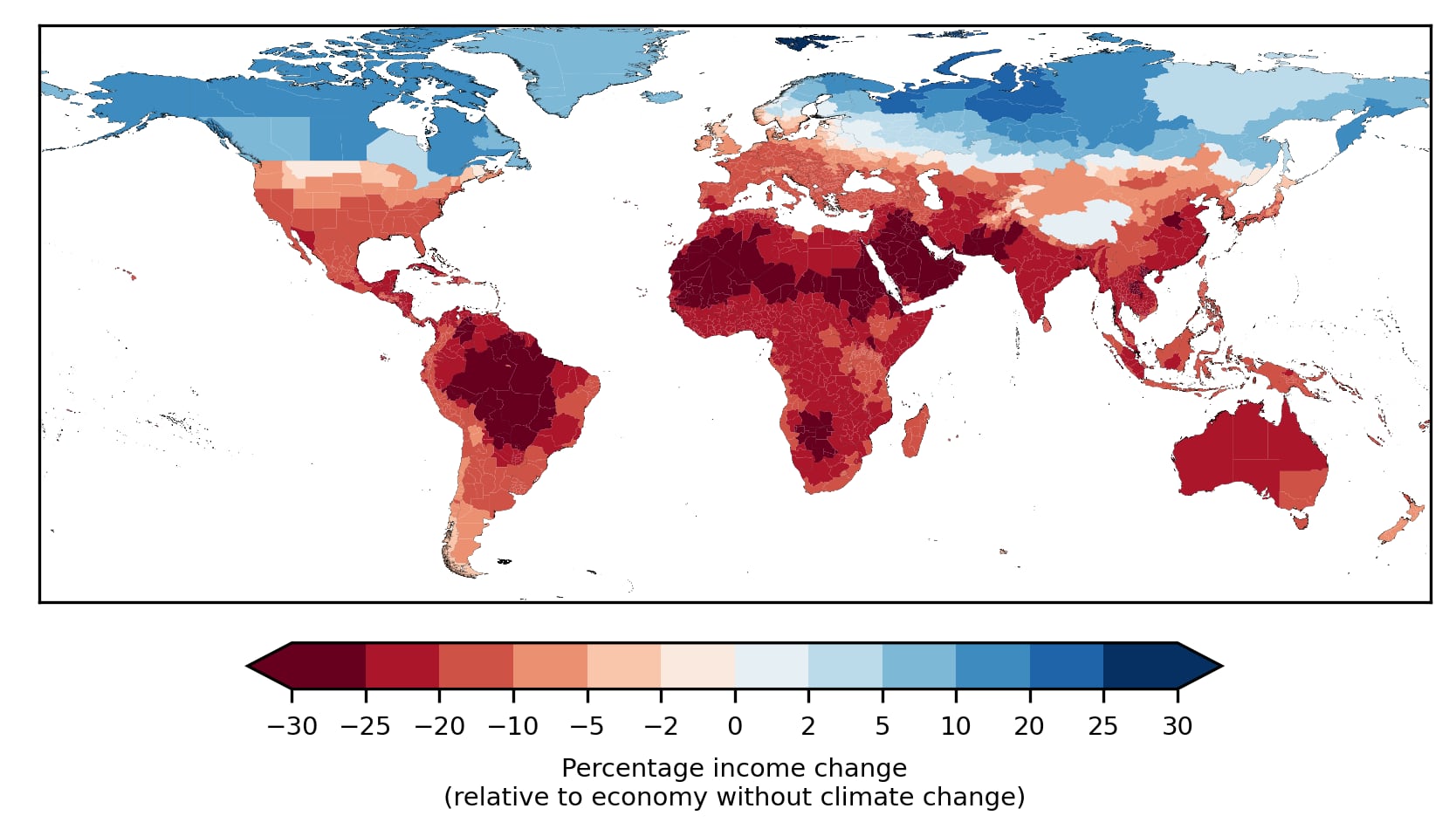 Cambios previstos de la renta en 2049 en comparación con una economía sin cambio climático. Los cambios en la renta están comprometidos en el sentido de que están causados por las emisiones históricas. | Autor: Maximilian Kotz