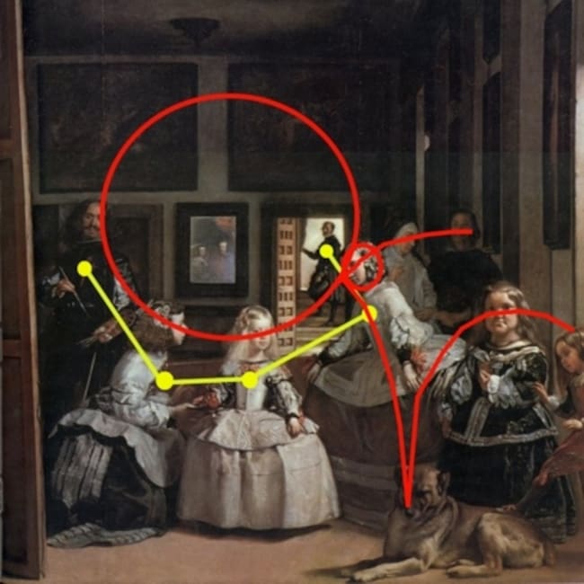 Representación de Capricornio en color rojo y de Corona Borealis en amarillo dentro del cuadro Las Meninas