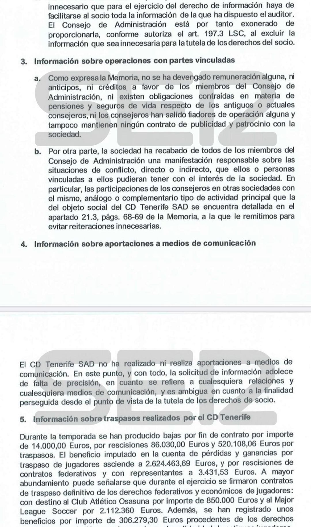 Respuesta por escrito que dio el CD Tenerife a uno de sus accionistas.