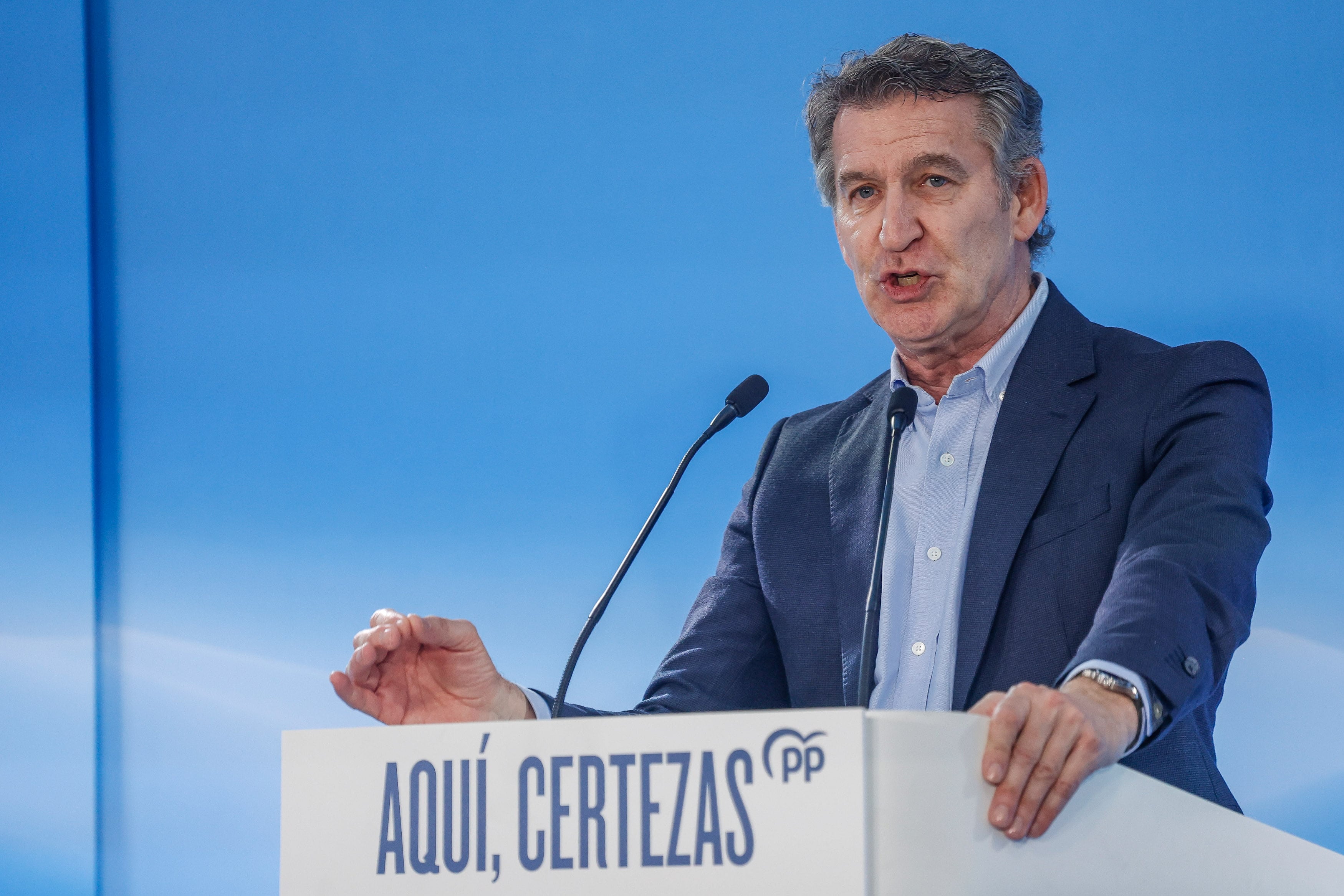 El presidente del Partido Popular, Alberto Núñez Feijóo, interviene durante un acto electoral celebrado en Villarcayo