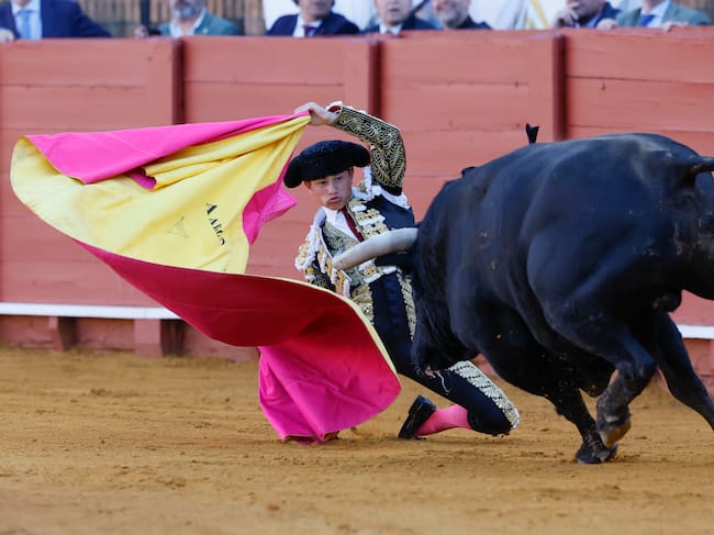 SEVILLA, 15/04/2026.- El diestro Aarón Palacios en la lidia de uno de sus astados durante el festejo de la Feria de Abril celebrado este miércoles en La Maestranza con reses de Santiago Domecq. EFE/ José Manuel Vidal