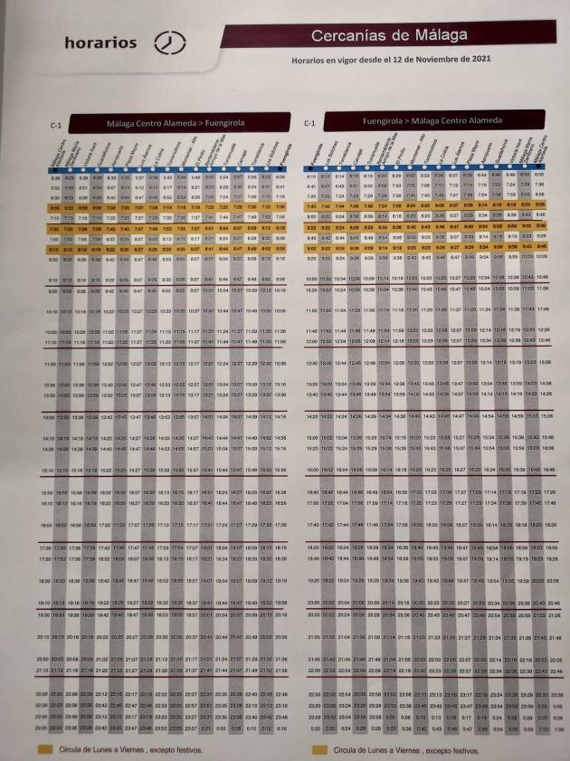 Nuevos horarios de la línea Málaga-Fuengirola a partir de este viernes. Los espacios en blanco son los trenes eliminados