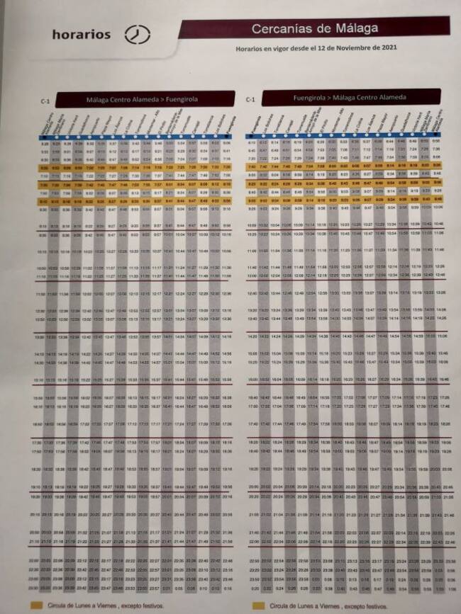 Nuevos horarios de la línea Málaga-Fuengirola a partir de este viernes. Los espacios en blanco son los trenes eliminados